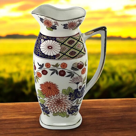 Colorful Japanese Imari Pitcher Multicolor Chrysanthemum & Lotus Flower 9 1/2 in - Picture 5 of 14